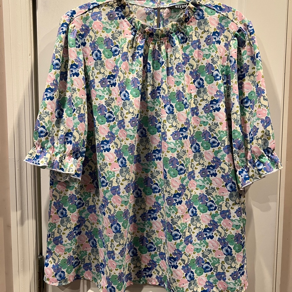 BTFBM Colorful Floral Ruffle Top Blouse Sz XL